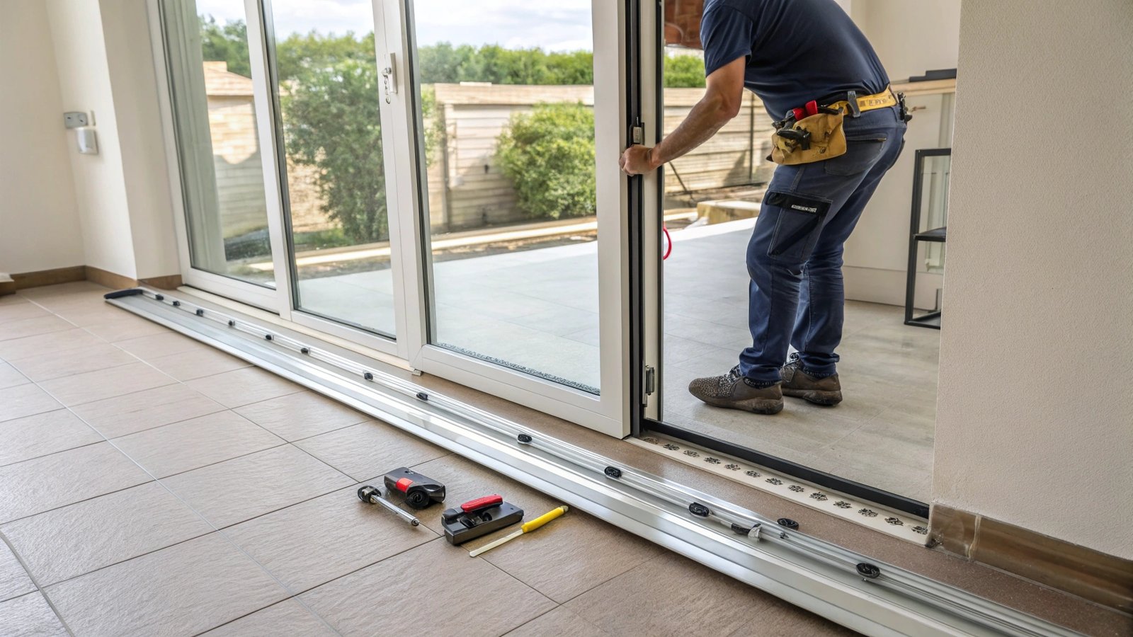 Detailed diagram showing the different parts of a sliding door system, with labels pointing to the track, rollers, and guides.