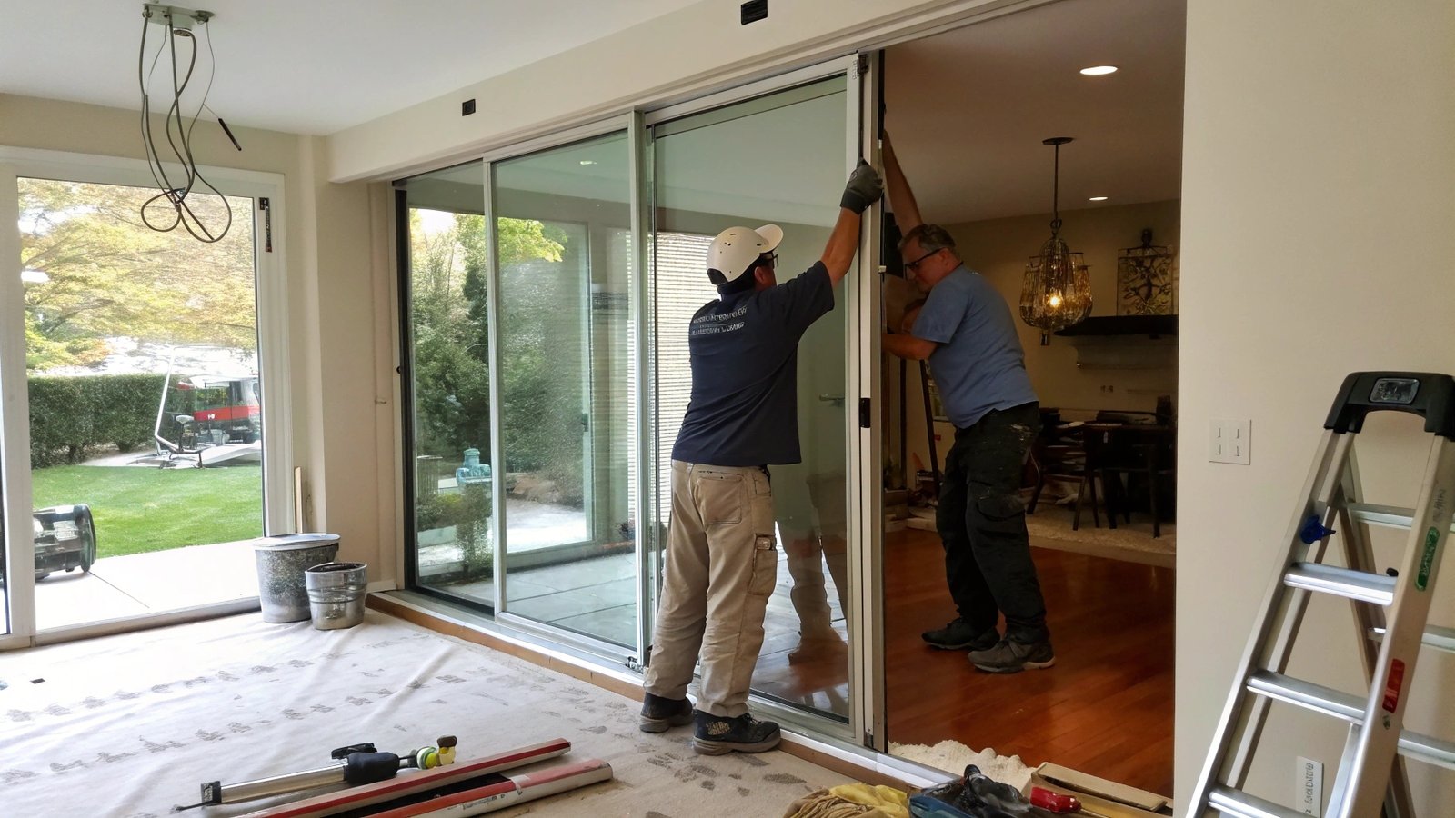 A crooked sliding glass door showing a visible gap at the top.