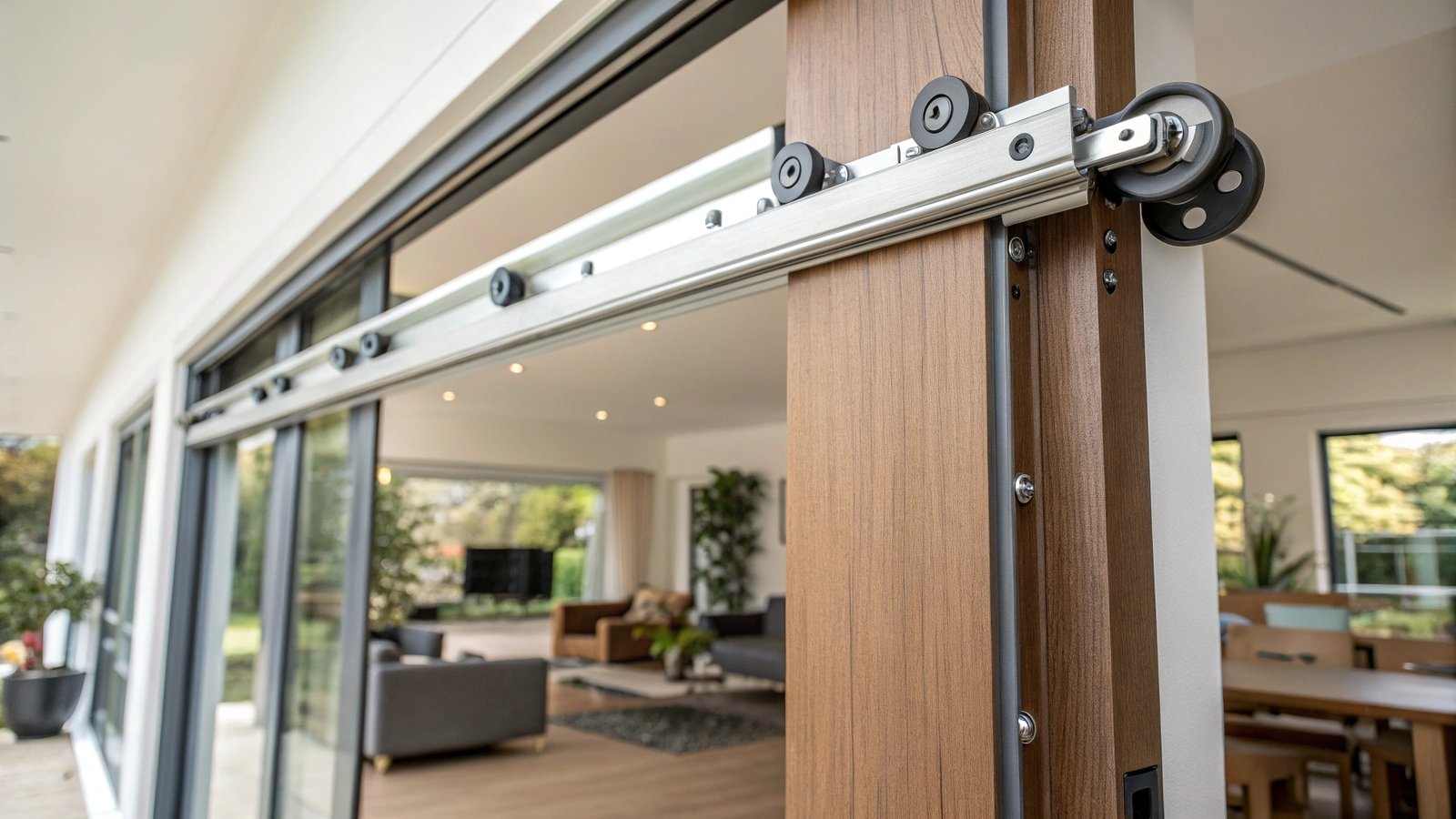 A price tag hanging from the handle of a modern sliding door system