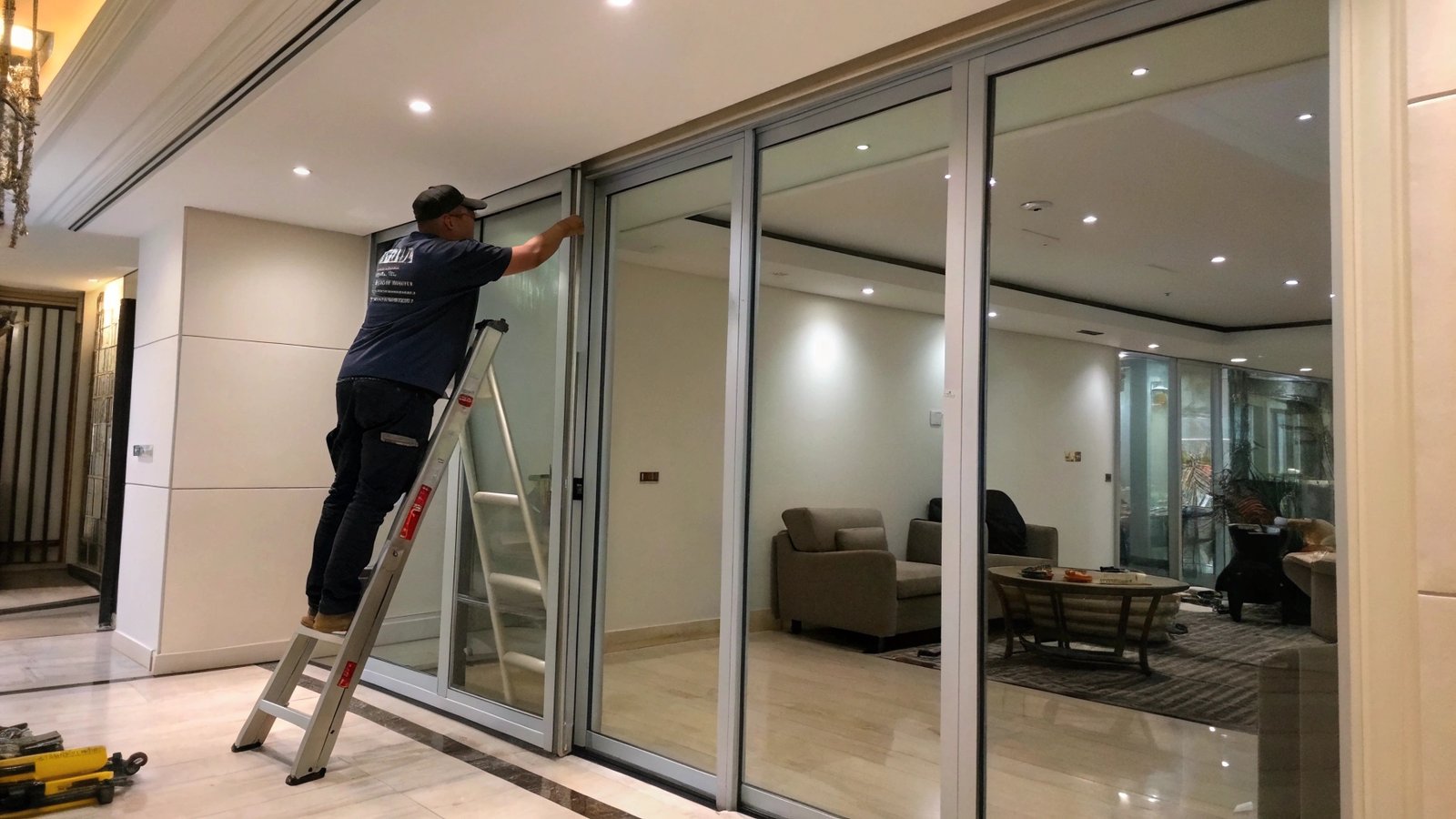 A screwdriver adjusting the roller screw on a sliding door.