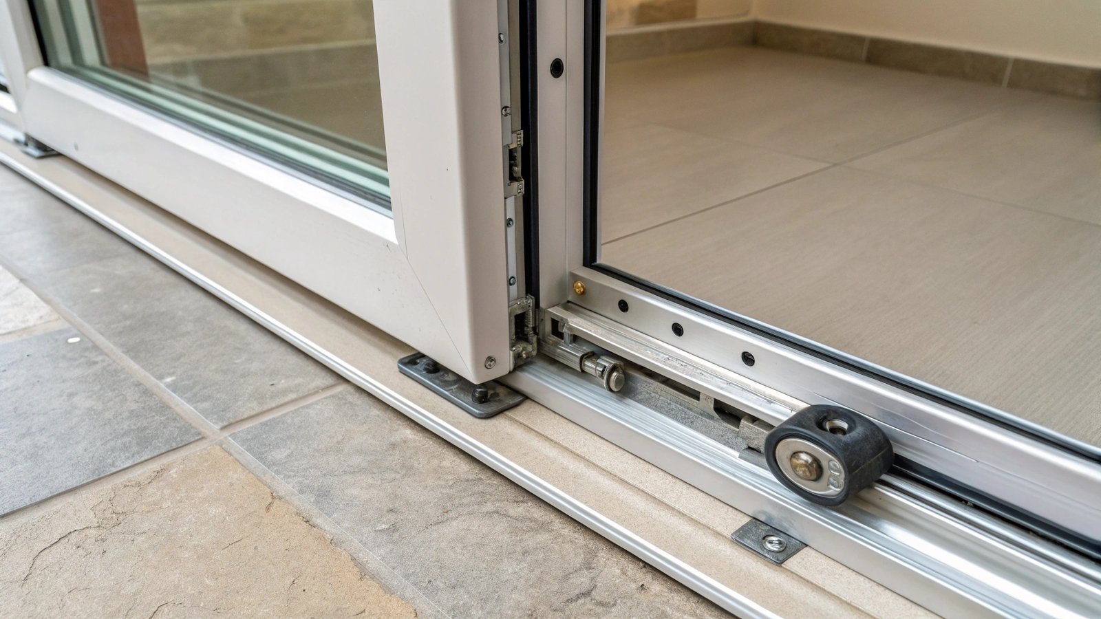 A slightly ajar sliding glass door showing the track on the floor.