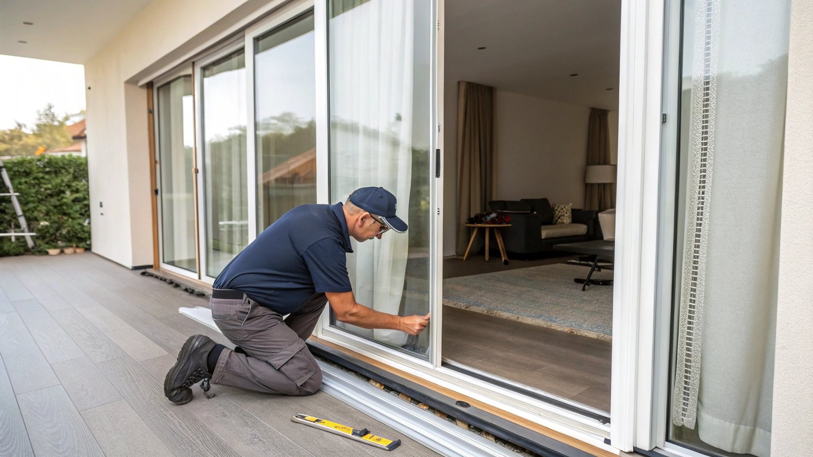 A professional measuring a sliding door track for replacement.