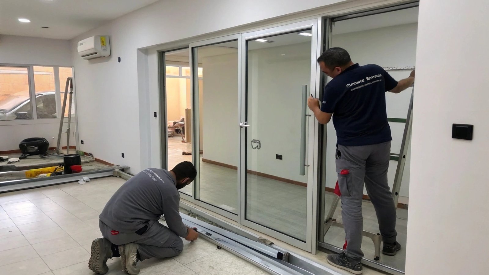 A person using a brush to clean out a sliding door track.