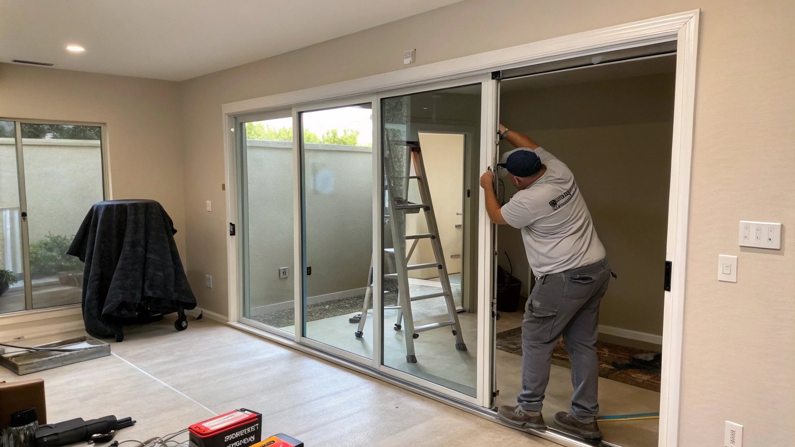 A patio screen door leading out to a sunny deck.