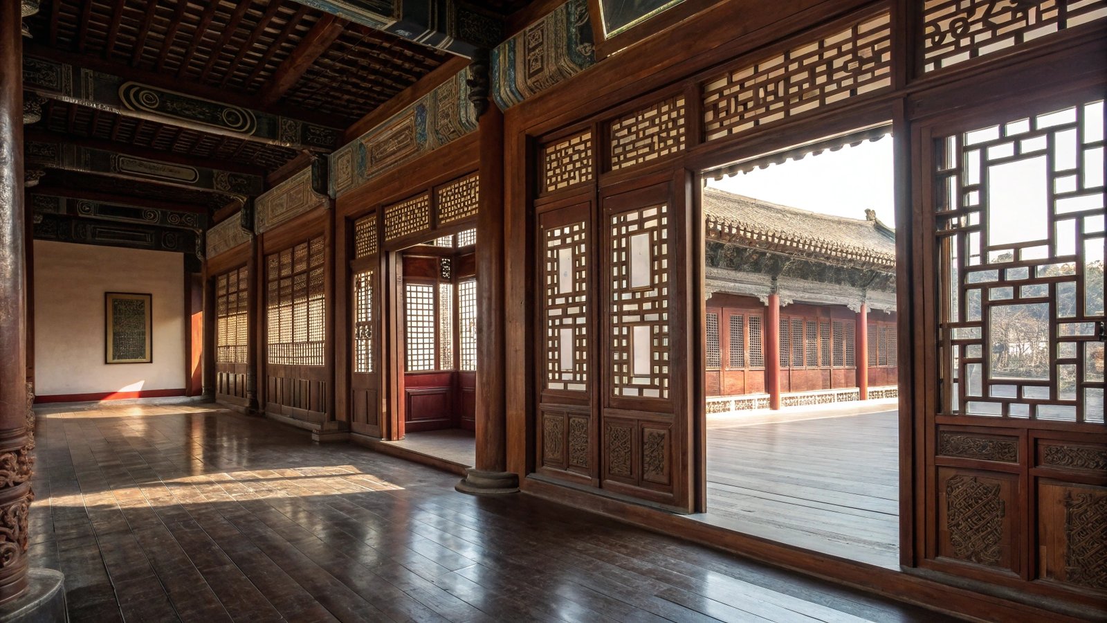 An image of a traditional Chinese building with elegant sliding screens as room dividers