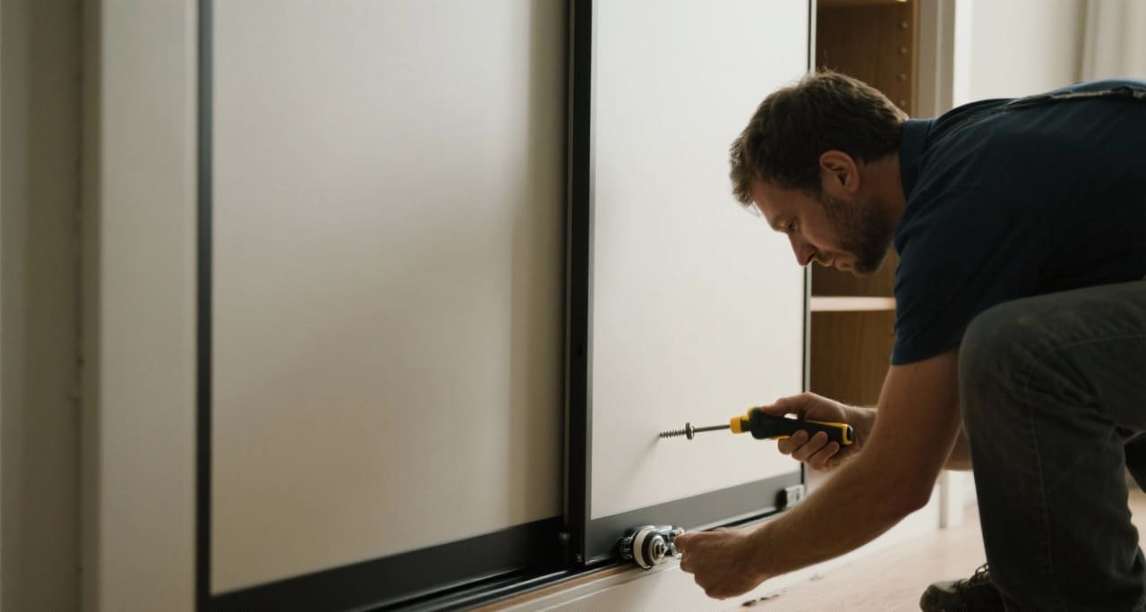 A close-up of a sliding wardrobe door pulley system.