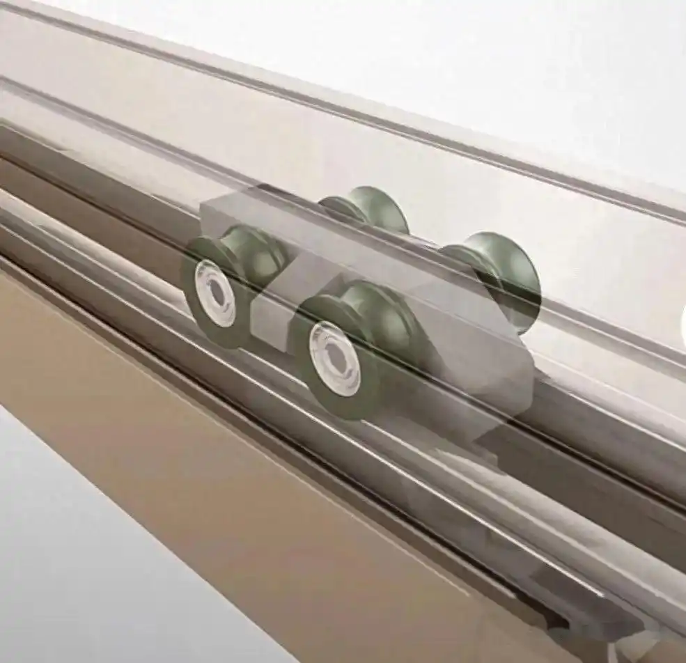 An automatic sliding door system with its heavy-duty track and rollers visible