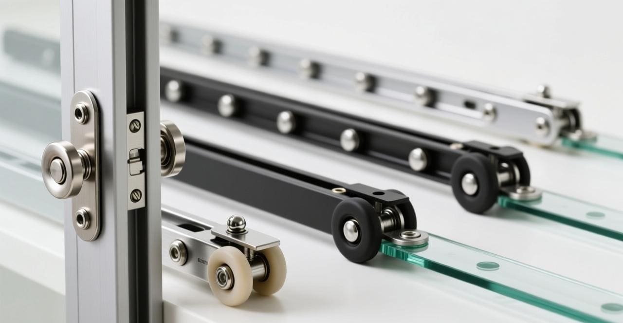 A close-up of different types of wardrobe sliding door pulleys on a wooden surface