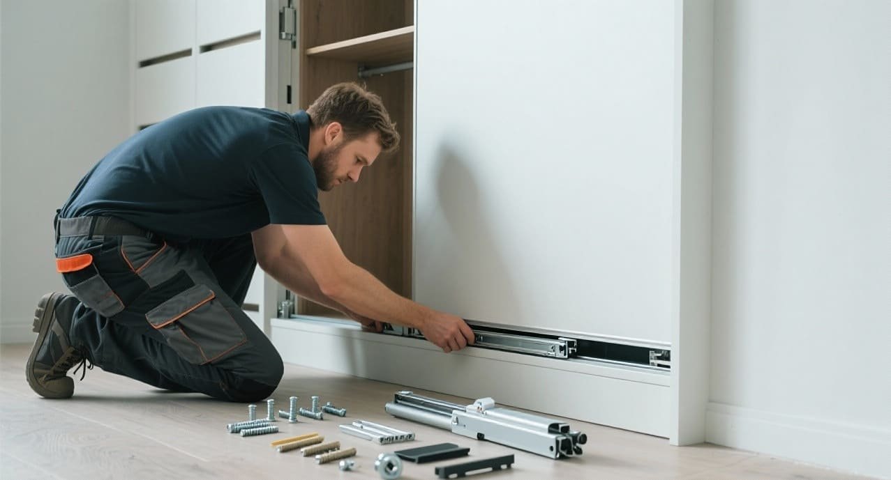A complete set of wardrobe sliding door hardware including all accessories