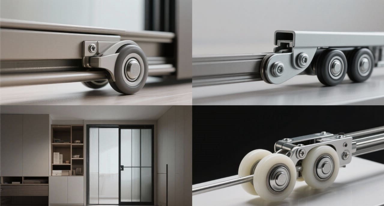 close-up of a stainless steel roller for a glass sliding door