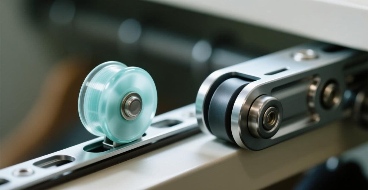 A close-up of different wardrobe pulley wheels made from metal, nylon, and fiberglass.