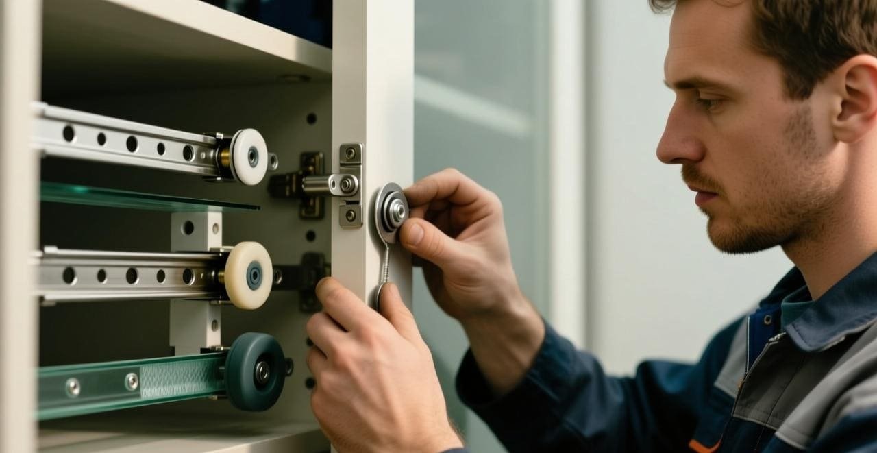 A close-up of different wardrobe pulley wheels made from metal, nylon, and fiberglass.