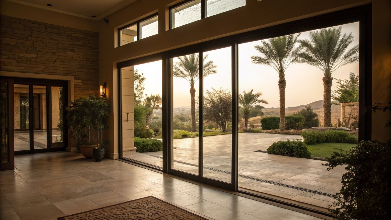 A very large, solid oak barn door in a commercial space