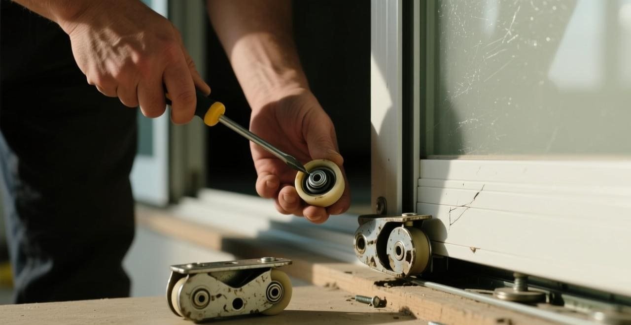 A person cleaning a sliding door track with a brush