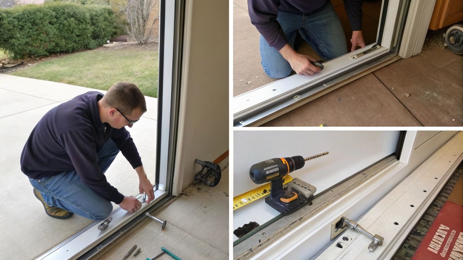 A diagram showing the common points of failure on a sliding door: track, rollers, and lock.