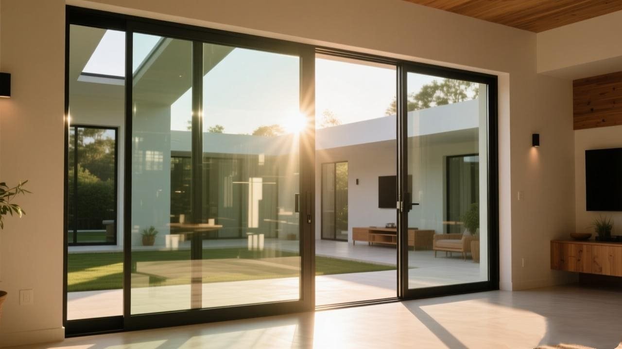 A large modern glass and wood sliding door using a heavy-duty track system