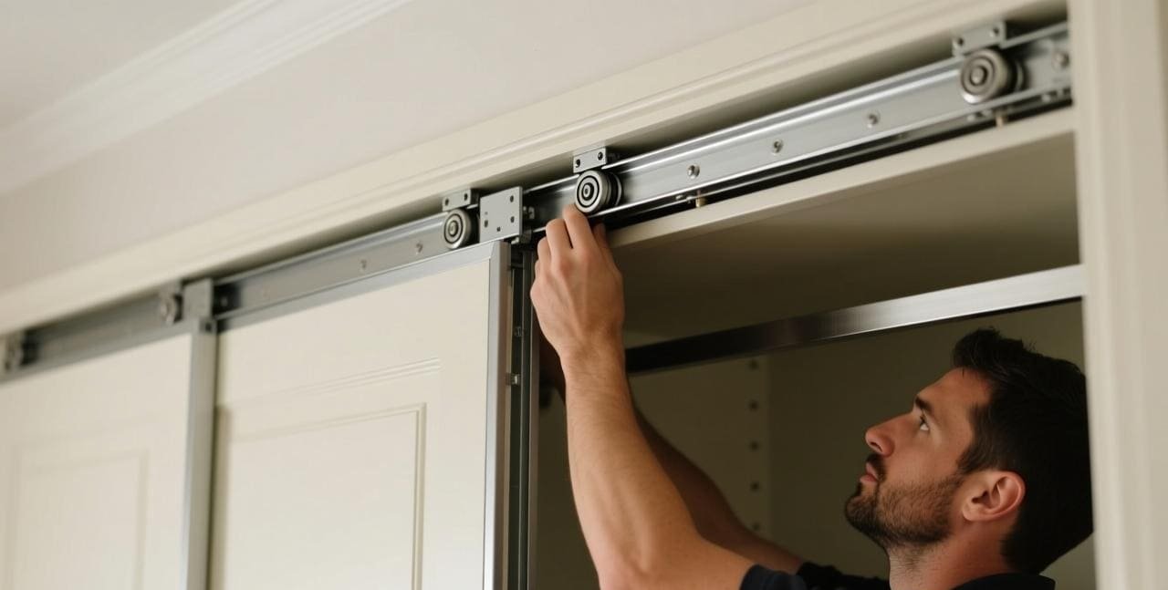 A close-up of a high-quality wardrobe sliding door roller system on a track.