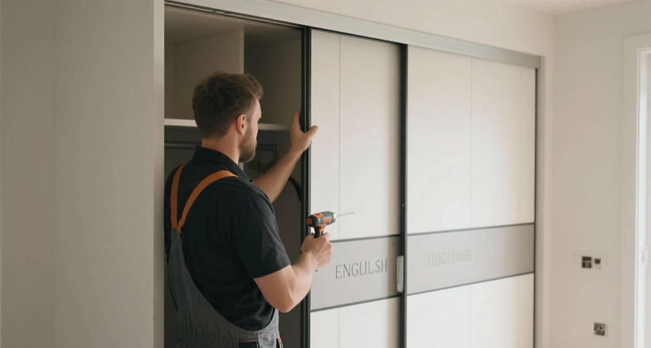 A close-up shot of a high-quality wardrobe sliding door pulley system from opensliding