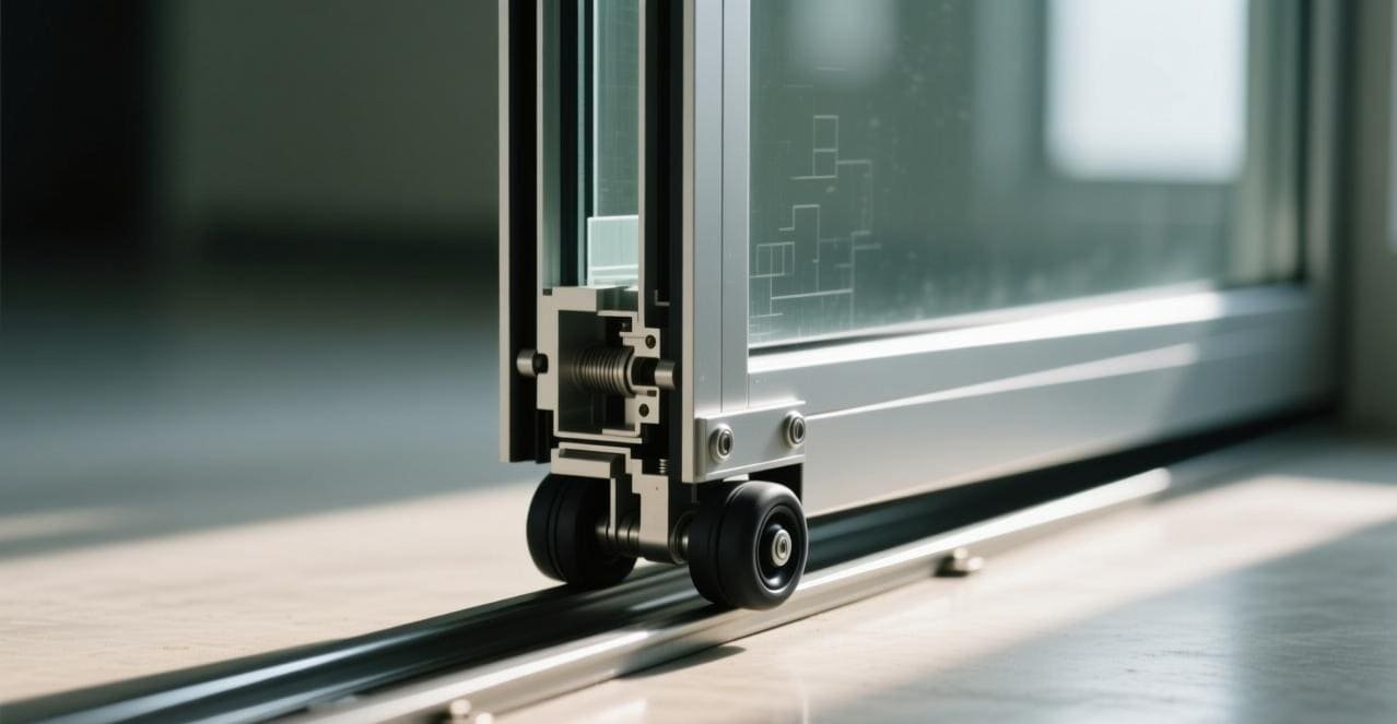 A diagram showing how a sliding door roller works on a track