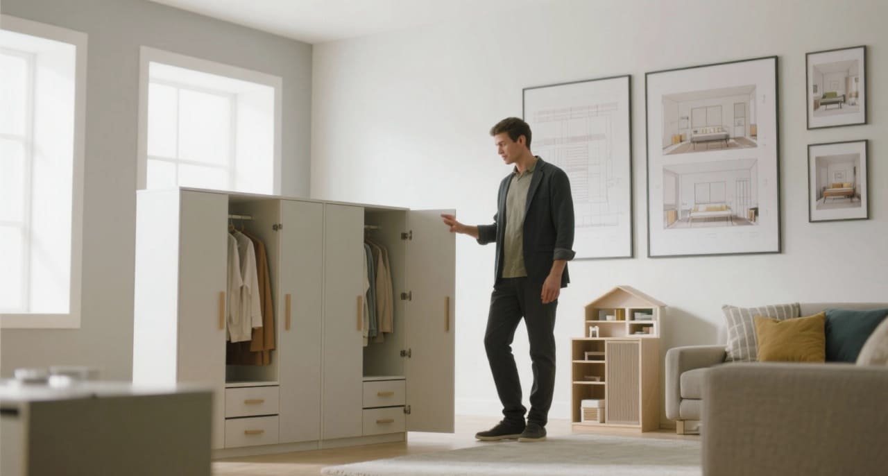 A person measuring a space for a new wardrobe