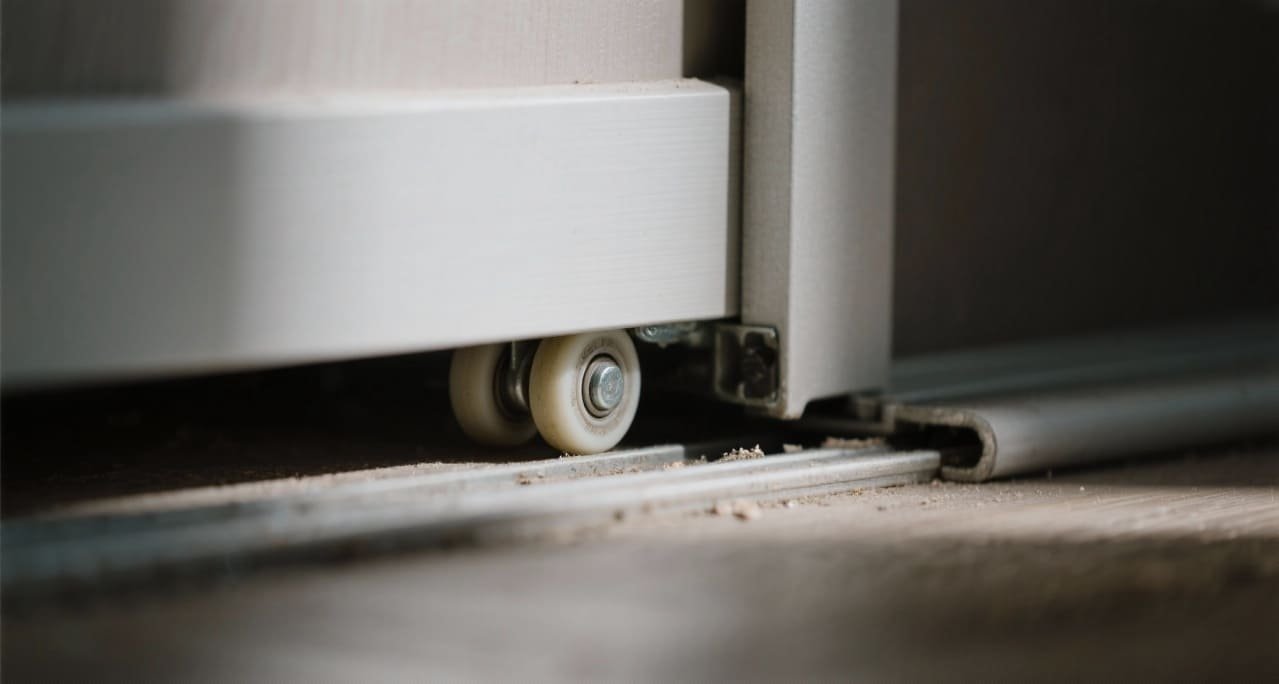 A person inspecting the track of a sliding wardrobe door.