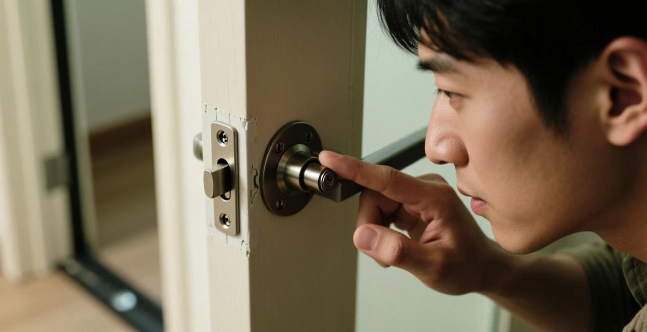 A person aligning a new sliding door keeper on a door jamb.