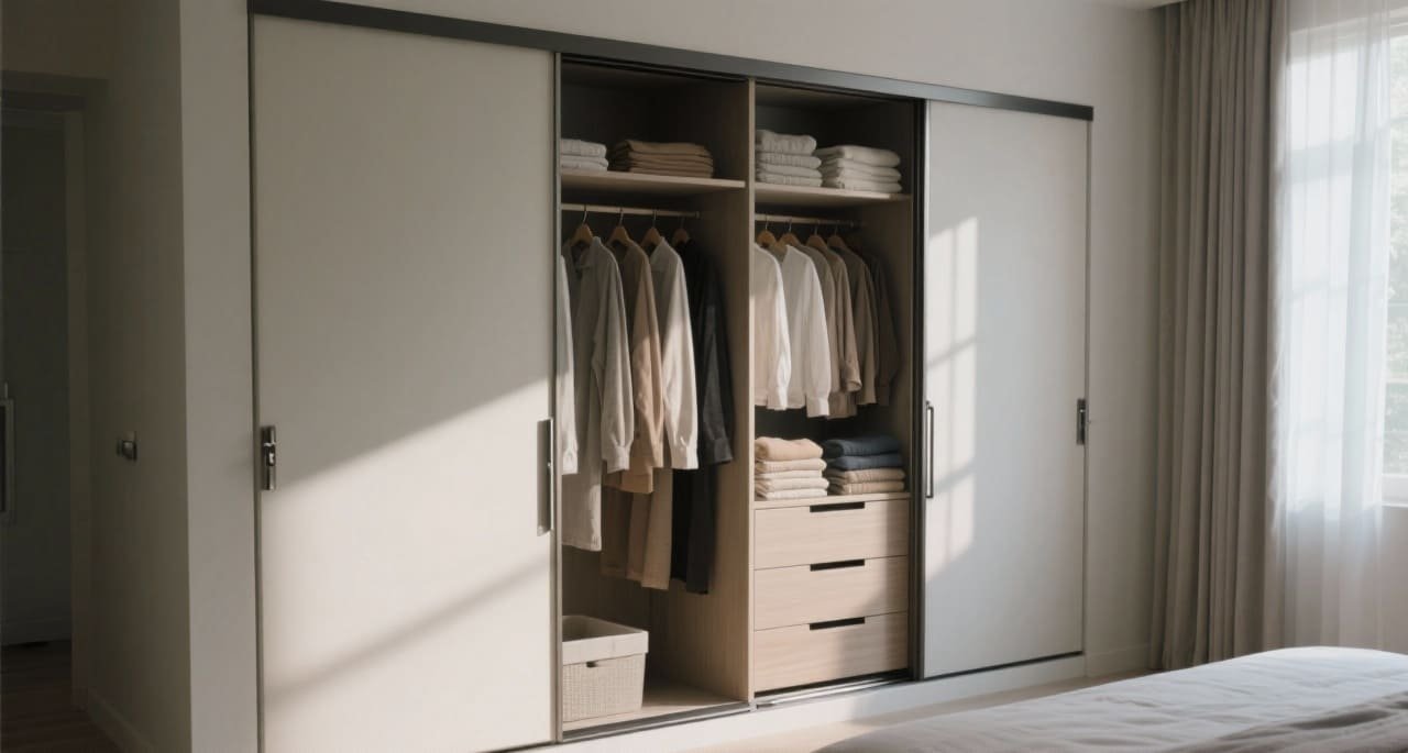 A detailed view of wardrobe interiors and hardware