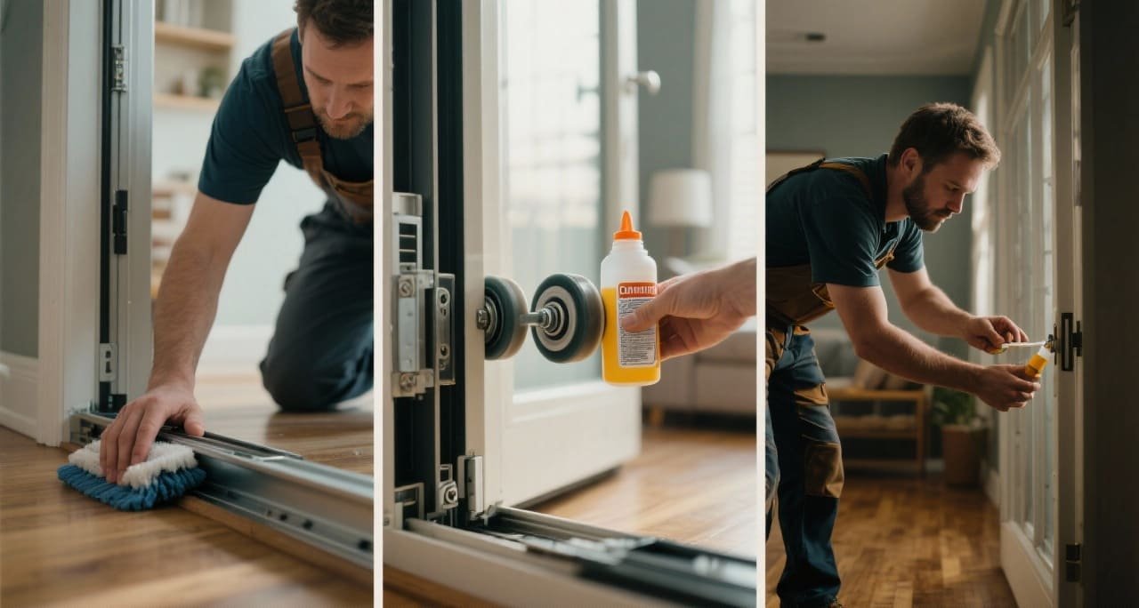 A can of silicone lubricant spray next to a clean sliding door track.