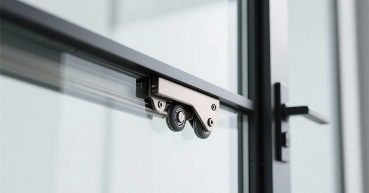 A stylish glass door with visually matching pulley hardware