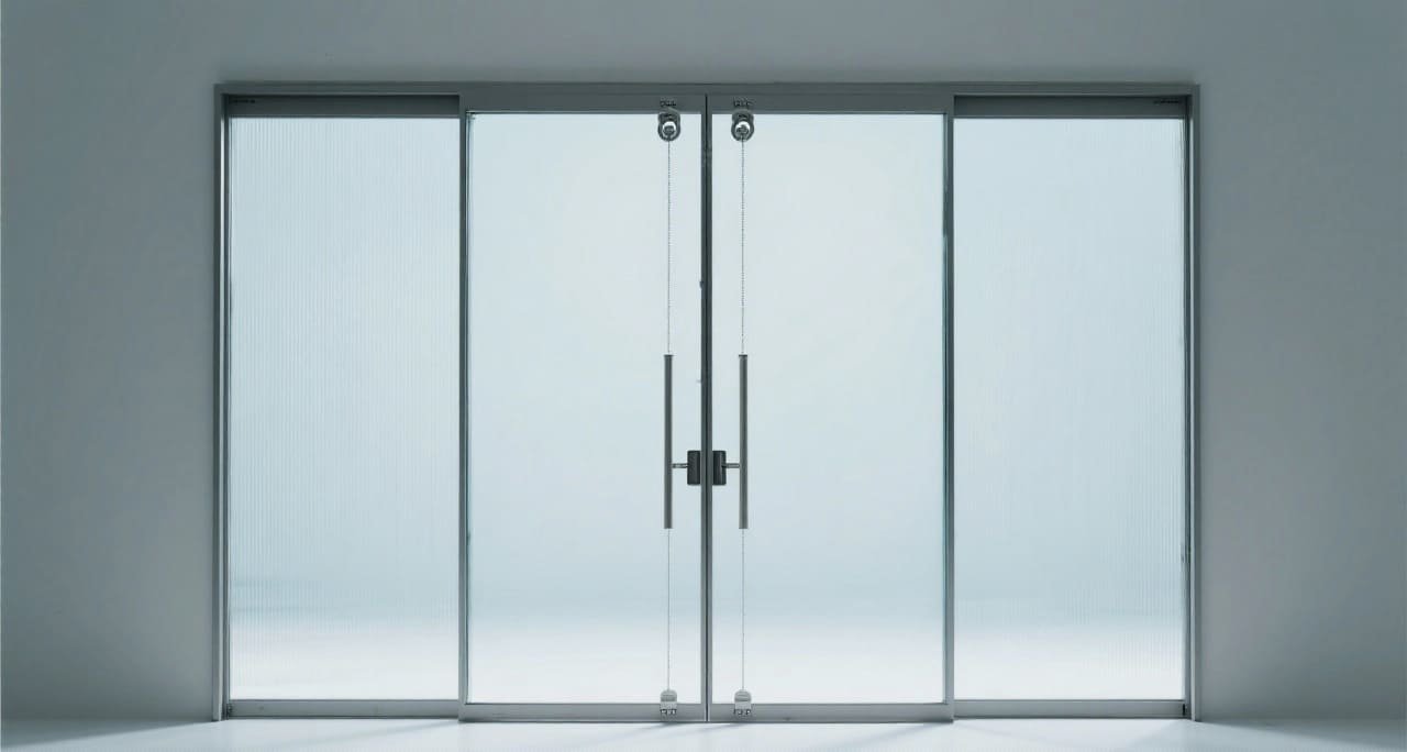 A stylish glass door with visually matching pulley hardware