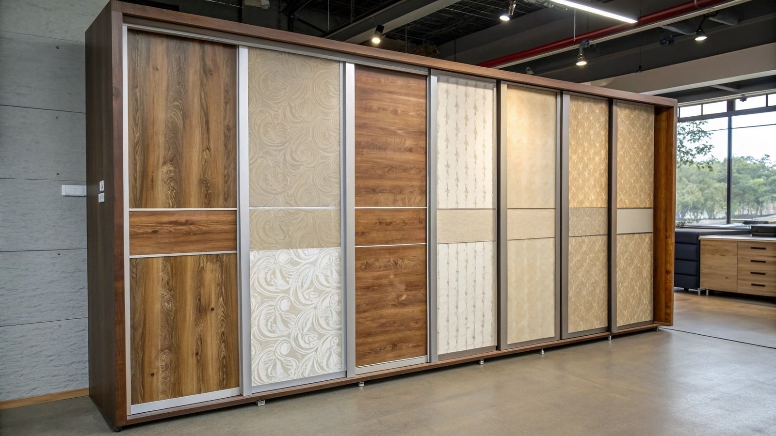 Different types of wardrobe door materials like wood and glass
