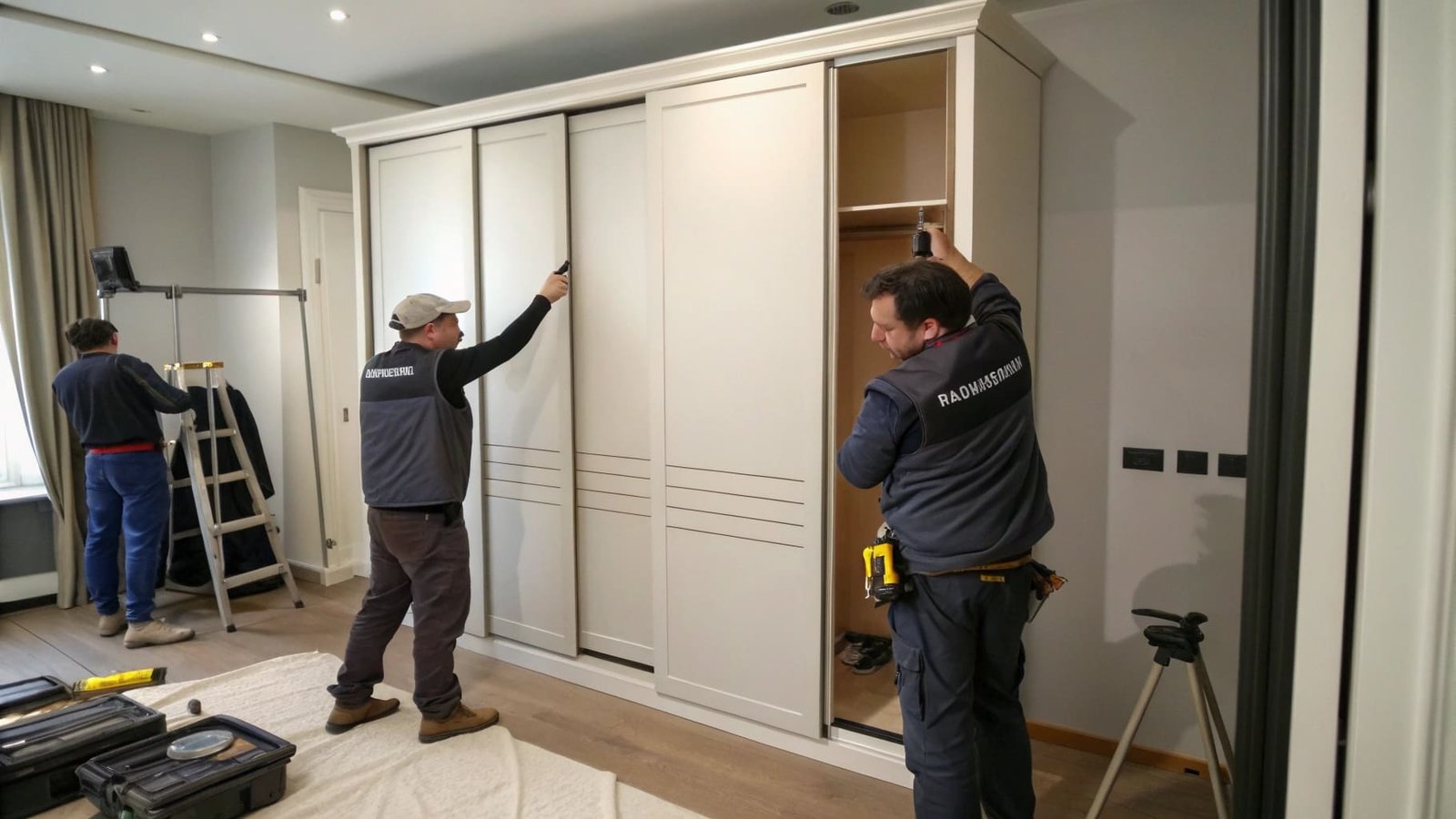 A person measuring the thickness of a wardrobe door panel