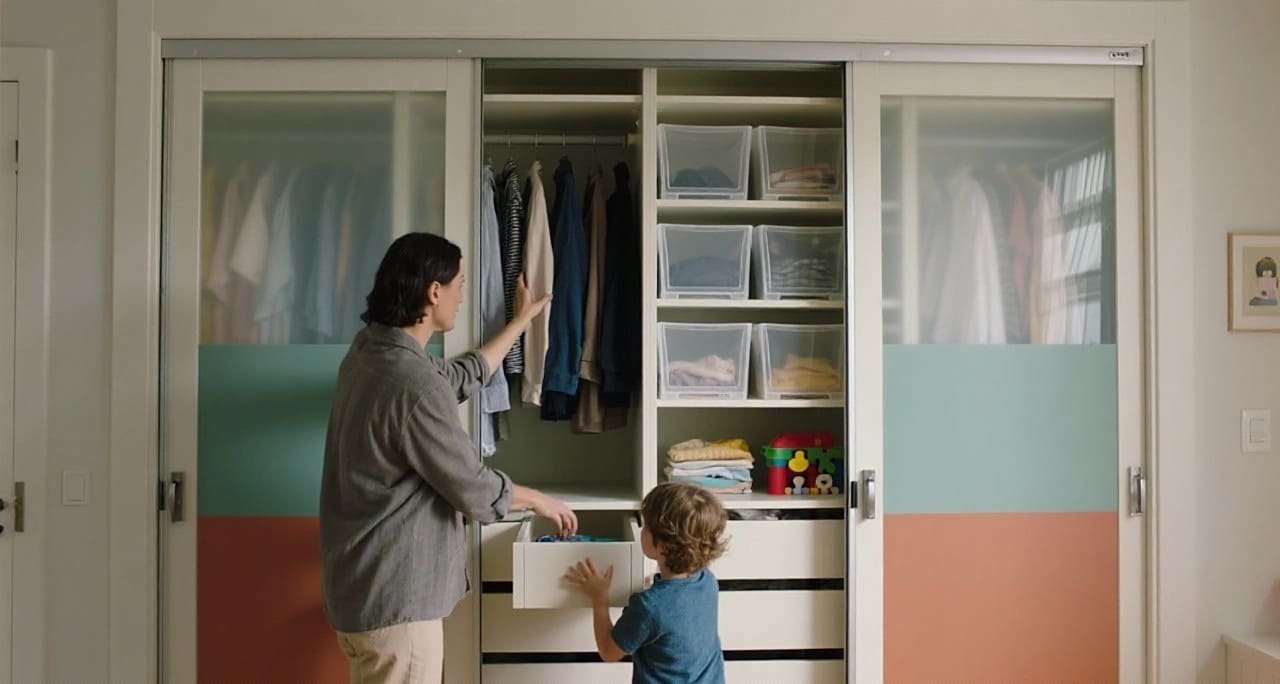 A family-friendly wardrobe with sections at different heights and easy-to-slide doors