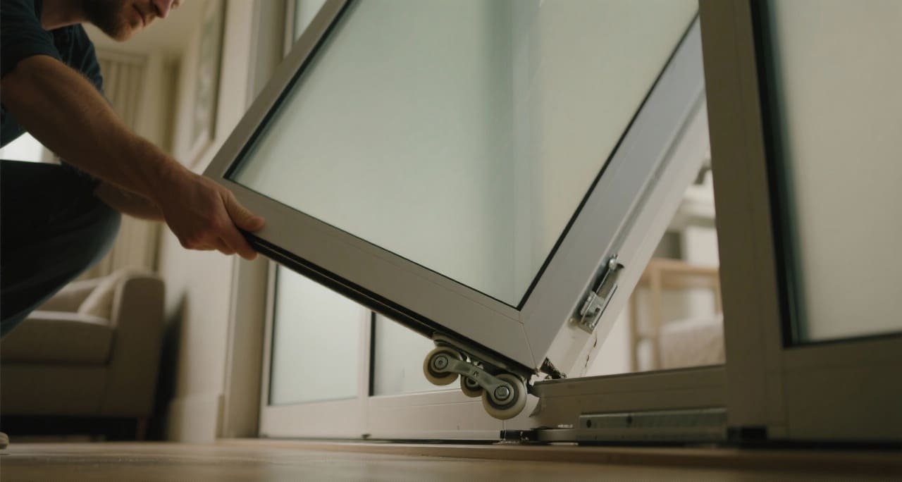 A heavy glass door with a close-up on the pulley system