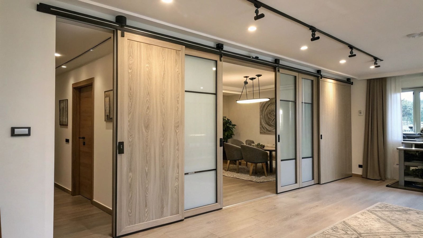 A collection of different pulley applications: a window blind, a gym machine, and a sliding glass door.
