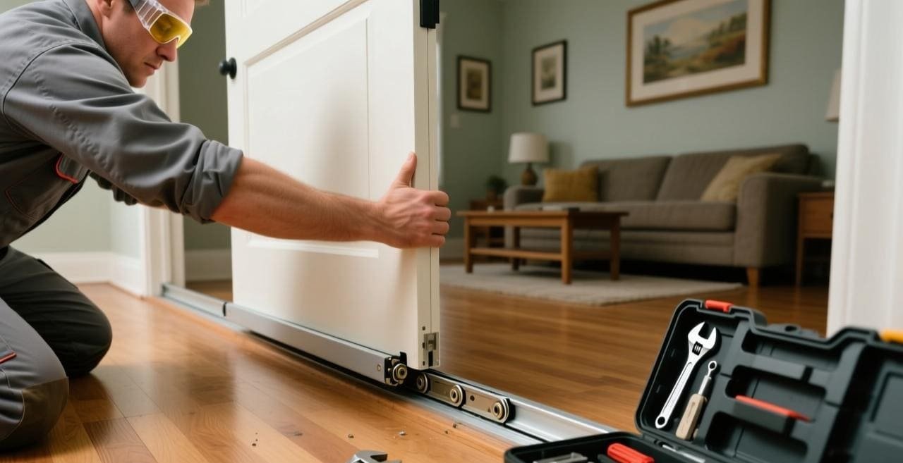 A person attempting to clean a dirty sliding door wheel