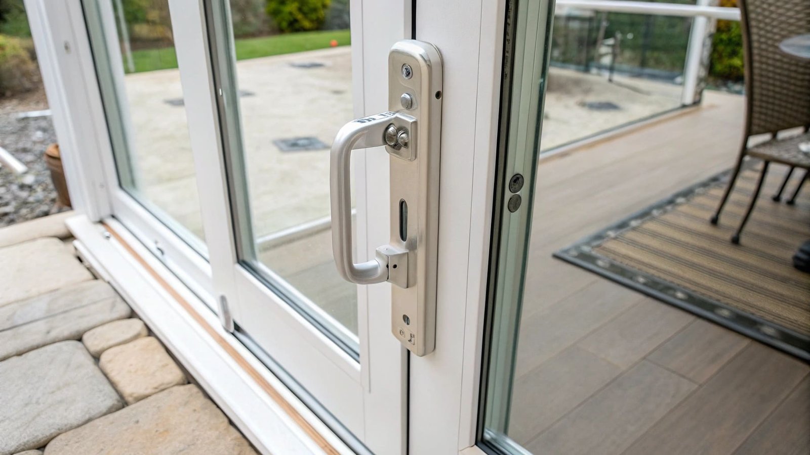 A person using a screwdriver to remove an old sliding door handle.