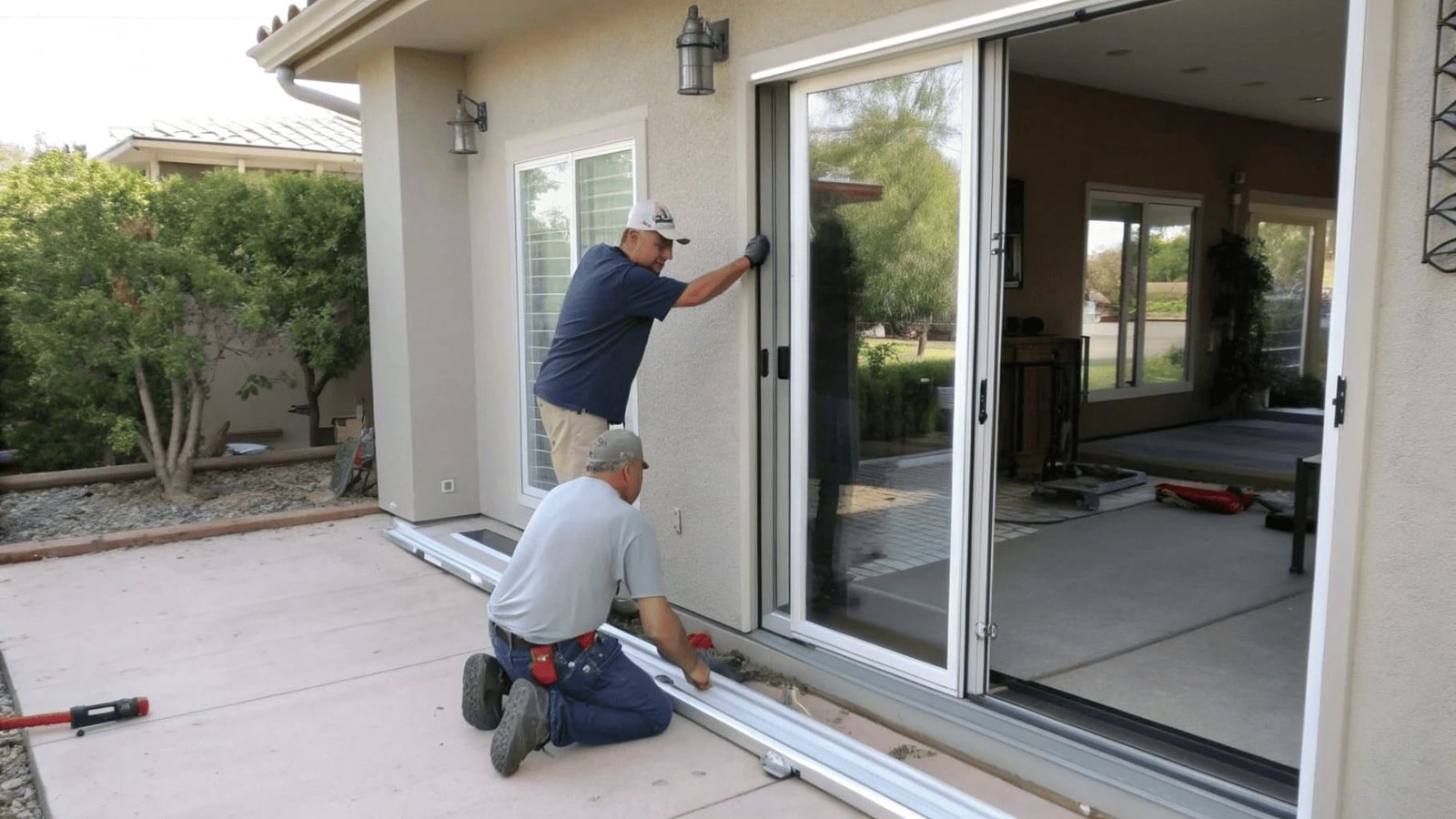 A new sliding door panel leaning against a wall, ready to be installed into an existing frame.
