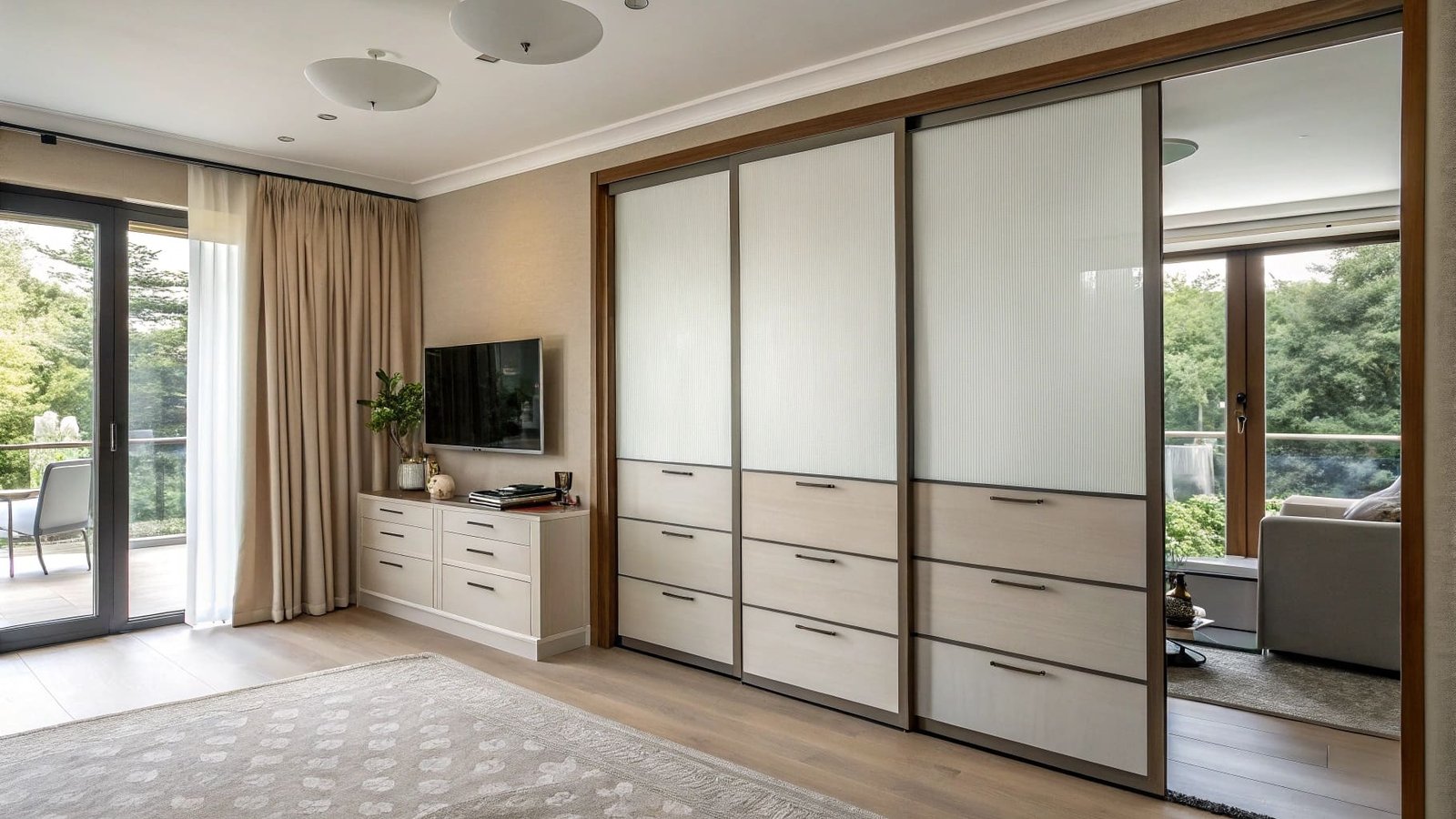 A close-up of a silent pulley system installed on a modern wooden sliding door.