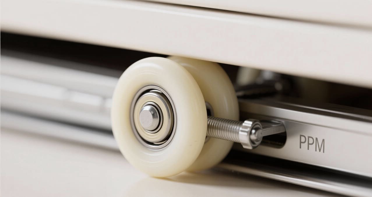 A close-up of a silent pulley system on a sliding door