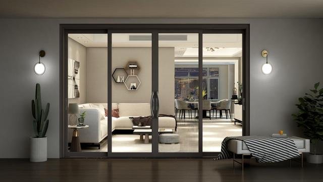 A showroom displaying sliding doors made of wood, glass, and aluminum.