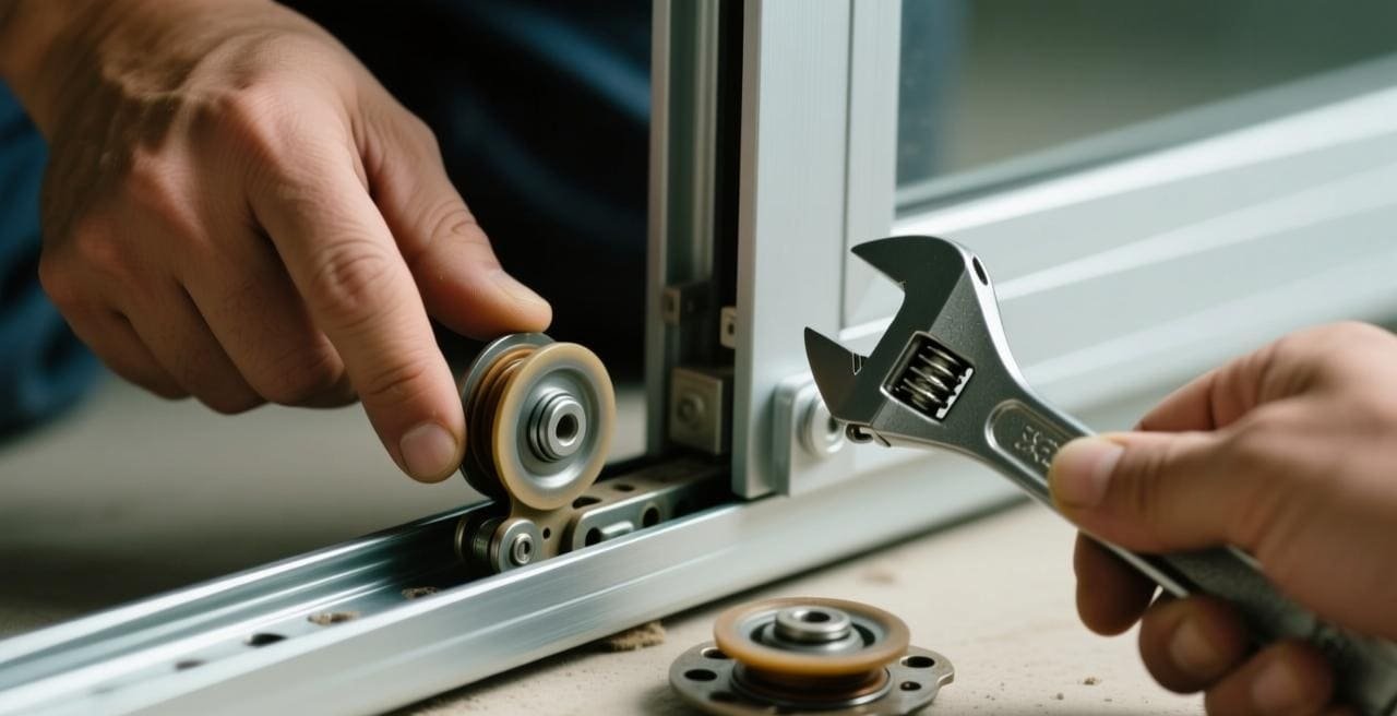 A close-up of a new sliding door pulley system