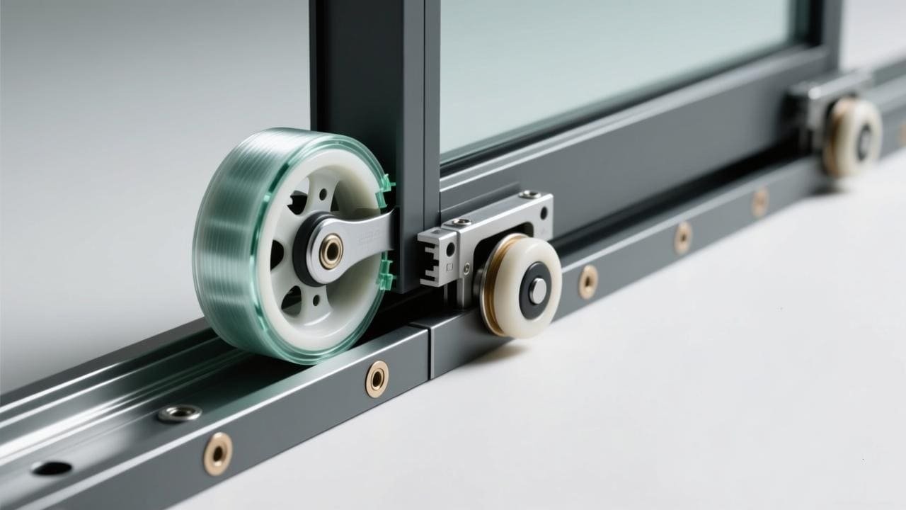 A close-up of a high-quality sliding door roller system