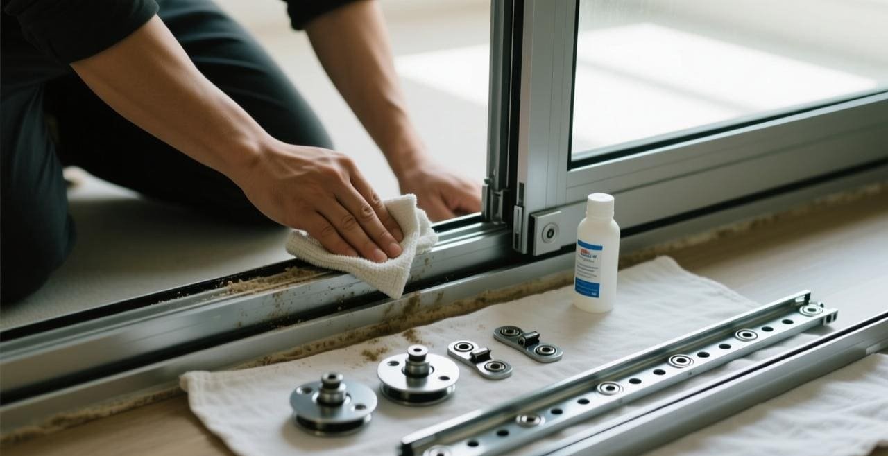 A professional installing a new sliding door track