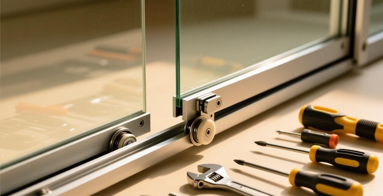 A close-up of a high-quality sliding door pulley system