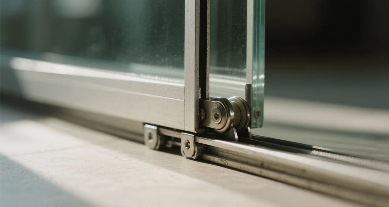 A diagram showing the forces on a glass door pulley