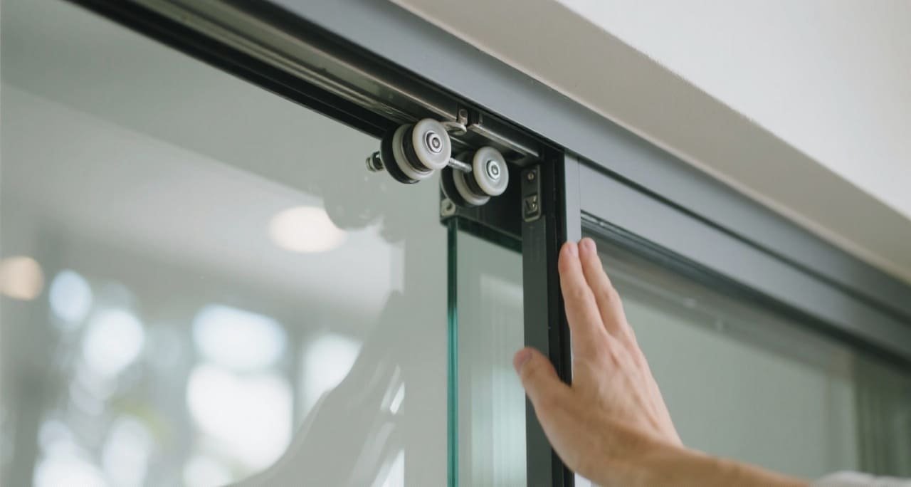 A diagram showing the forces on a glass door pulley