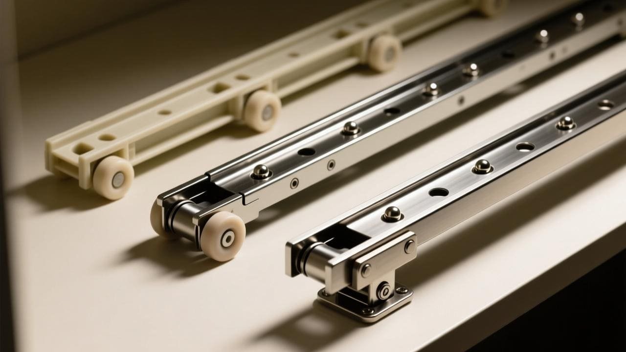 A side-by-side comparison of roller, steel ball, and bottom-supported wardrobe systems