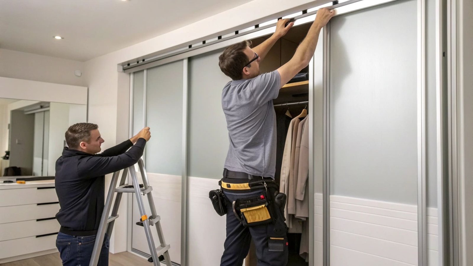 A diagram showing a top-hung sliding wardrobe door system with the roller and track at the top
