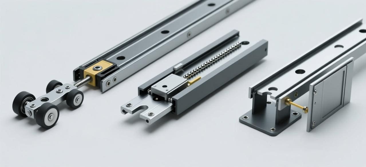 An illustration showing a roller slide, a steel ball slide, and a bottom-supported slide